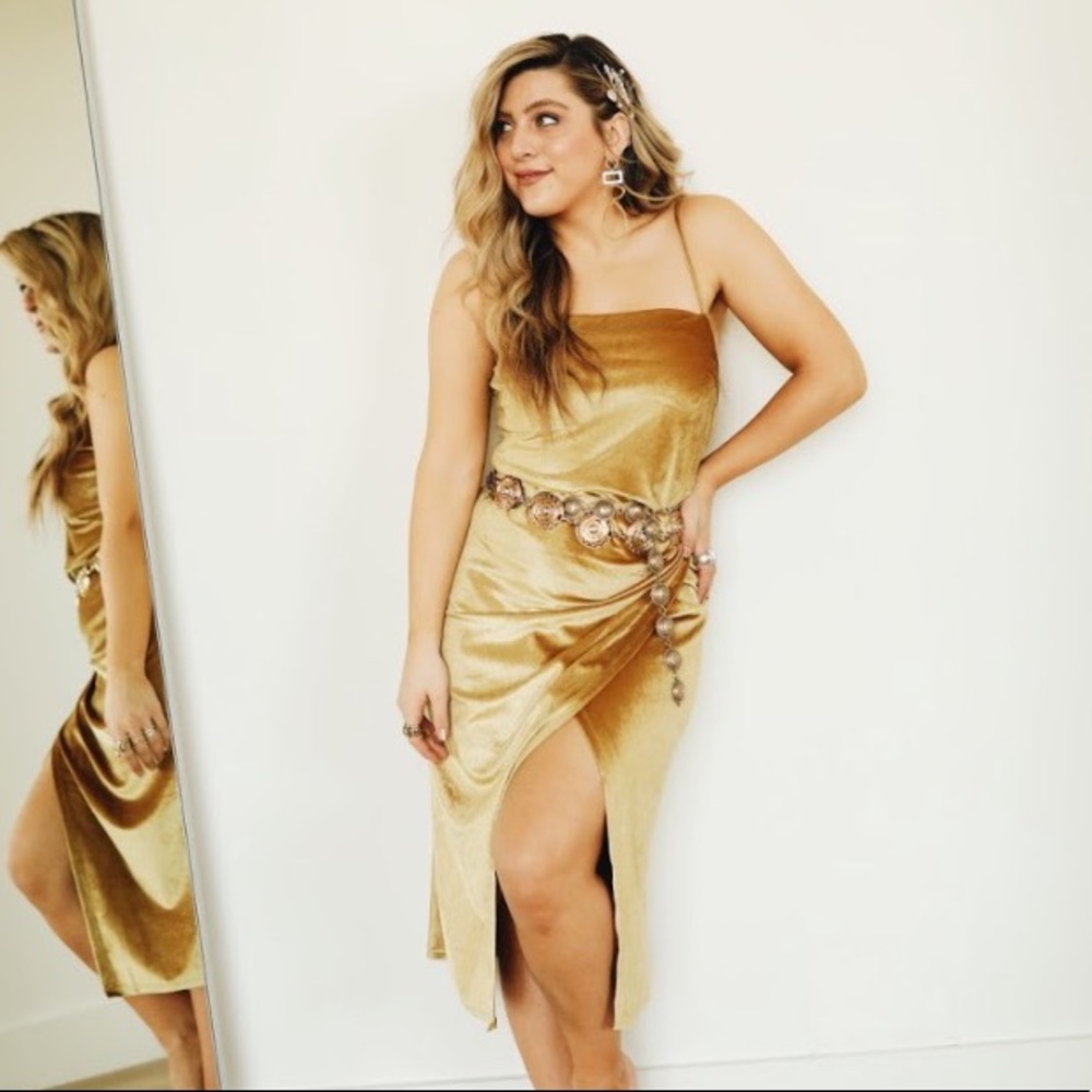 Yellow velvet dress with front slit